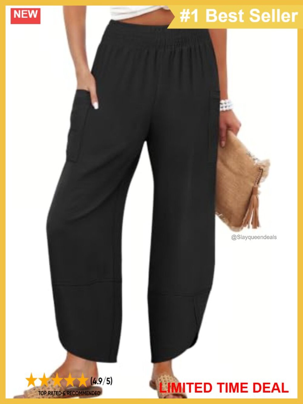 Wide Leg Palazzo Capri Cropped Pants Smocked Elastic Waist Pull On